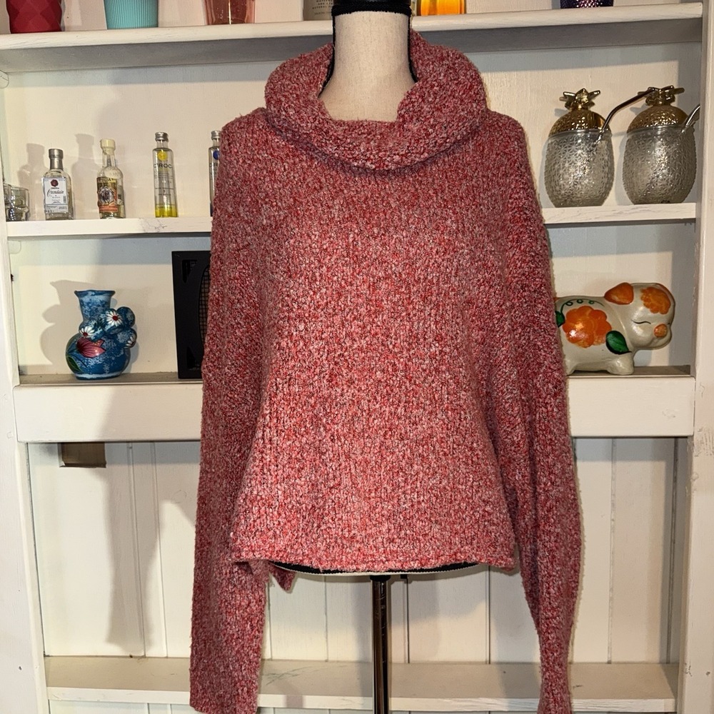 Free People Large Red Women's Slouchy Fuzzy Knit Cropped Turtleneck Sweater